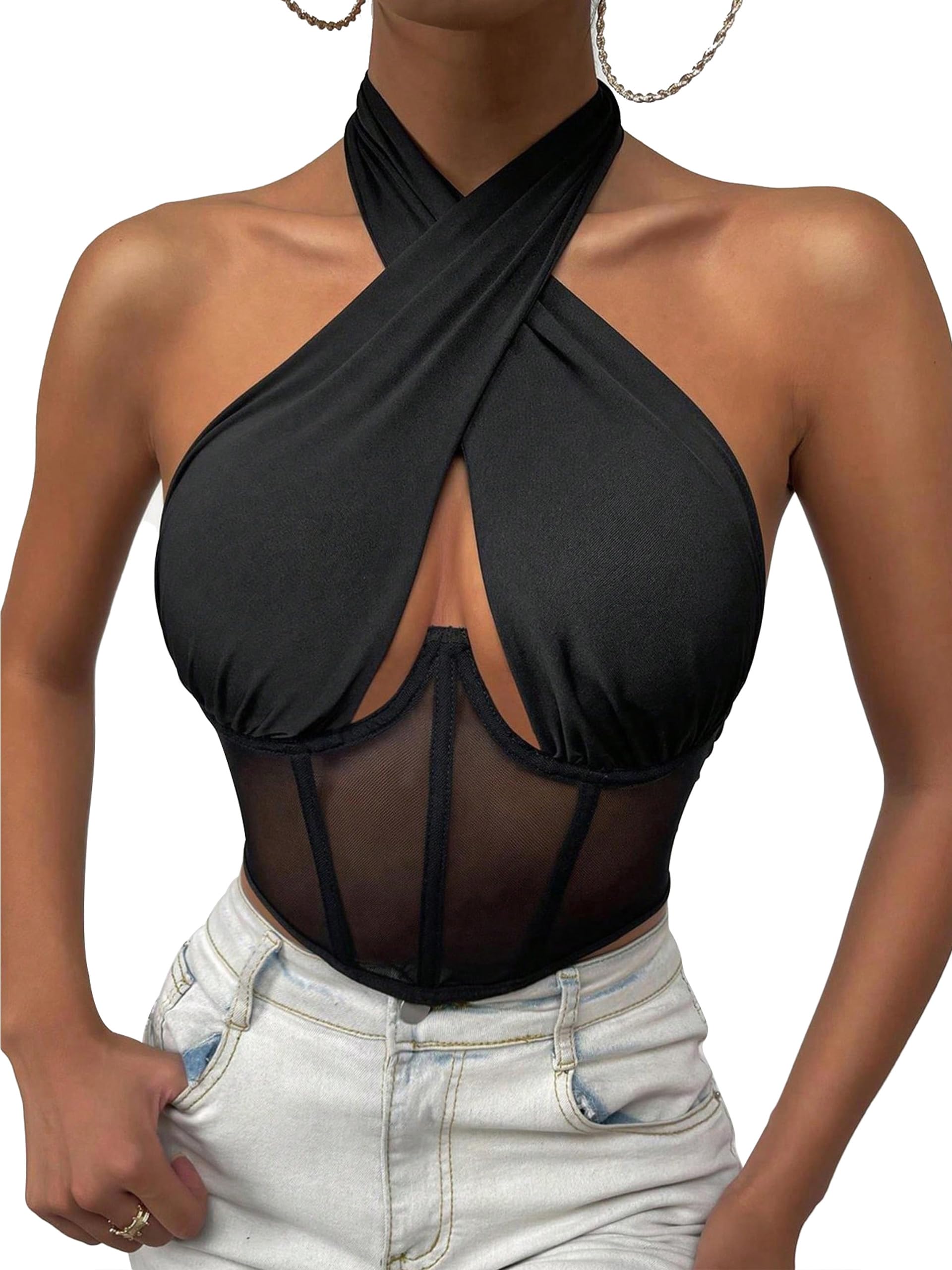 Aimedalis Womens Mesh Transparent Tops with Neck Tie Show Waist Strapless Tank Bustier Tight Corset Tops