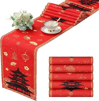 Fanfanwin 4 Pcs Hibachi Party Decorations Hibachi Table Runners 13 x 72 Inch, Faux Linen Table Covers, Asian Pagoda Lantern Print Red Tablecloth for Chinese Japanese Themed Birthday Party Supplies
