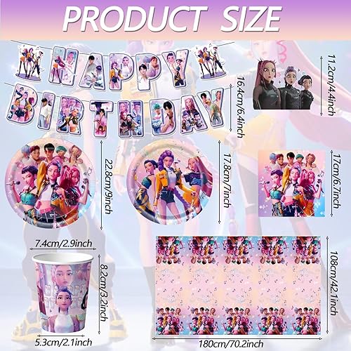 Miniatura 4 de Juego de suministros para fiesta de cumpleaños de 118 piezas para K Pop Demon, tema demonio, platos, vasos, utensilios, servilletas, mantel