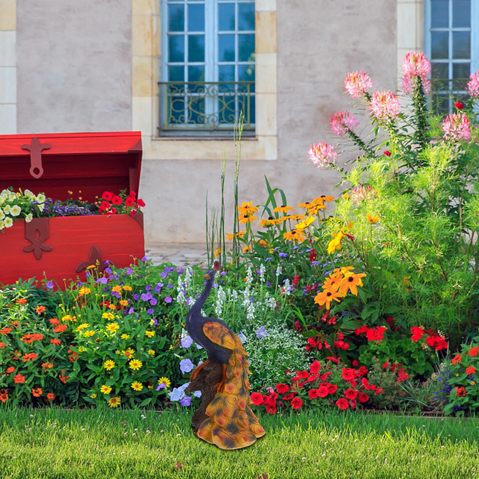 Gadpiparty Statua da Giardino in Resina a Forma di Pavone Solare, Decorazione Esterna Raffinata e Resistente allo Sbiadimento per Cortile e Paesaggio Naturale