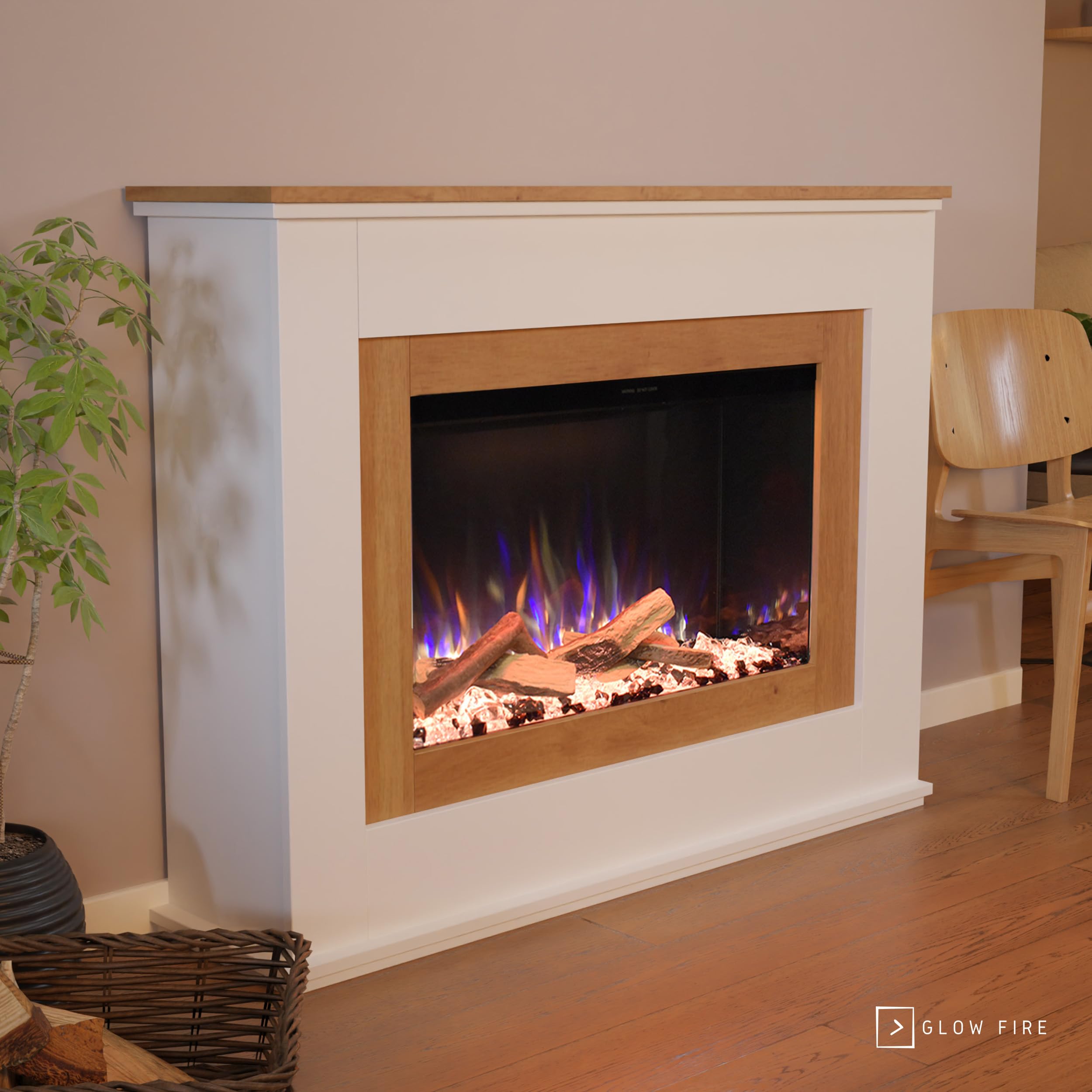 GLOW FIRE Caminetto PR6 con realistico fuoco LED E-Motion 3D - Caminetto elettrico da terra con riscaldamento, fuoco da camino, timer, max. 1500 W, 130x98,5x37,5 cm, Bianco (Quercia)