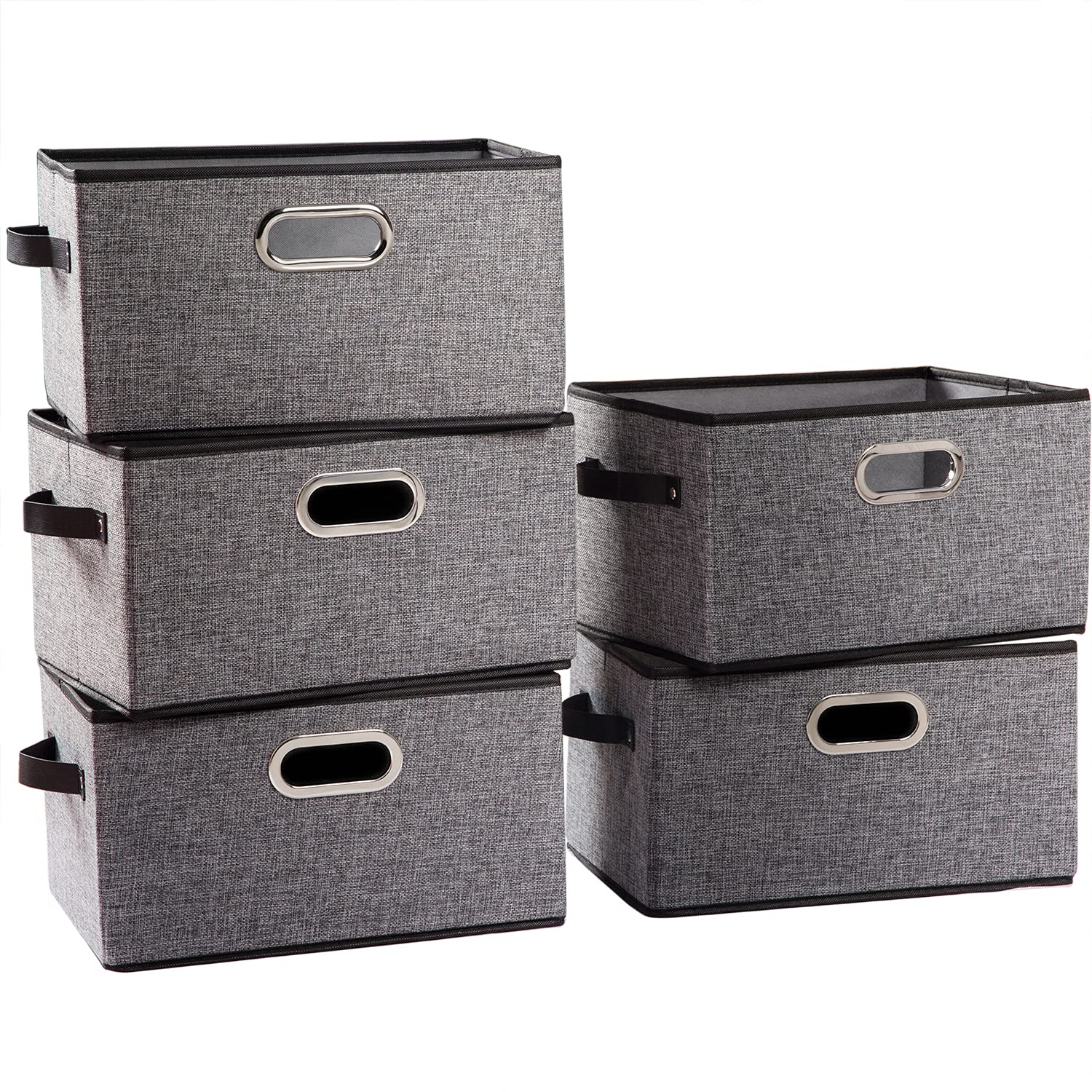 PRANDOM Aufbewahrungskörbe für Schrank, dekorative Stoff-Aufbewahrungskörbe, Würfel mit Leder-/Metallgriffen für Regale, Schlafzimmer, Wohnzimmer, Grau, 29 x 21 x 17 cm, 5 Stück