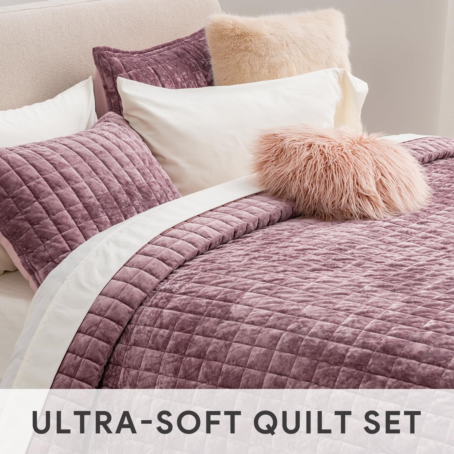 RECYCO Luxury Velvet Quilt Set Full Queen Size, Lightweight Velvet Comforter Set, Oversized Bedspread Coverlet Quilted Bedding Set, with 2 Matching Pillow Shams, for All Season, Dusty Mauve Pink - Image 5