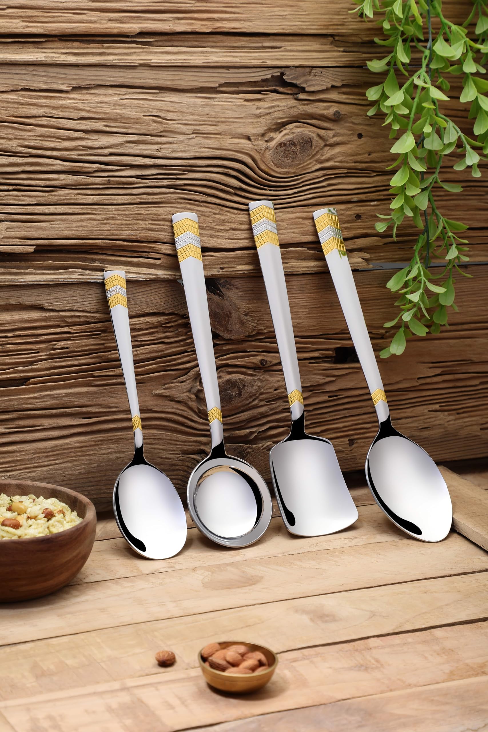 Sponsored Ad - RAGA 24 Karat Gold Plated Stainless Steel Serving Set of 4 (1 Rice Serving, 1 Veg Serving Large, 1 Gravy Ladle, 1 Serving Spoon Large) for Home, Kitchen and Dinning, 30 Cm