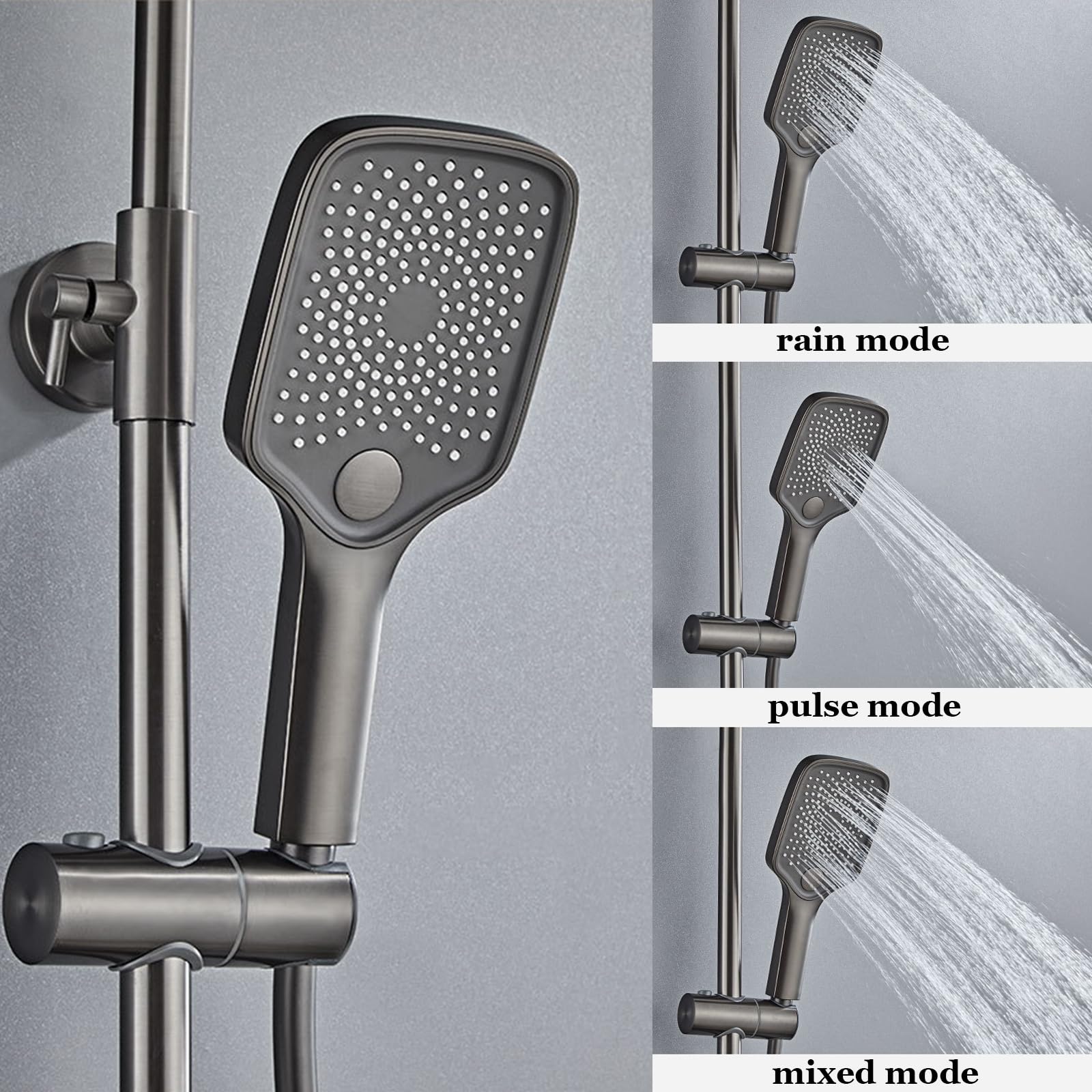 Set Rubinetto Doccia Grigio, Sistema di visualizzazione Digitale, Miscelatore Regolabile in Altezza con soffione a Pioggia 30x20 cm, doccetta a 3 modalità, spruzzatore Bidet a 2 Fu