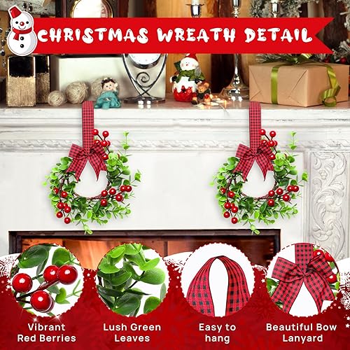 Miniatura 2 de 2 coronas de Navidad  Decoraciones de Navidad para el hogar, pequeñas coronas de Navidad con lazo a cuadros de búfalo y bayas rojas para armarios de