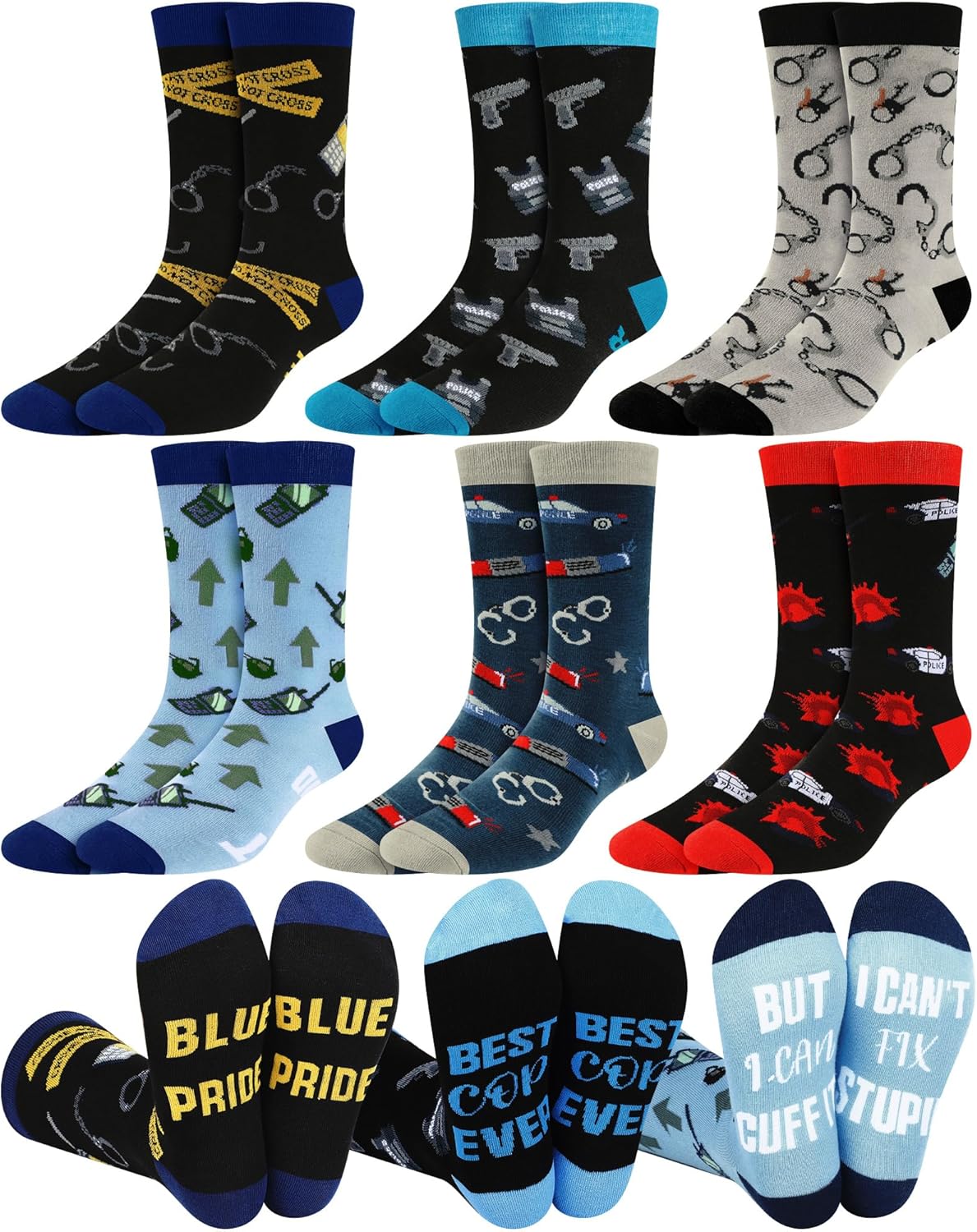 Shihanee 6 Pairs Police Officer Socks for Men Novelty Cop Cotton Crew Socks Birthday Valentines Police Gifts for Husband Boyfriend Dad Law School Academy Law Enforcement Attorney Gifts