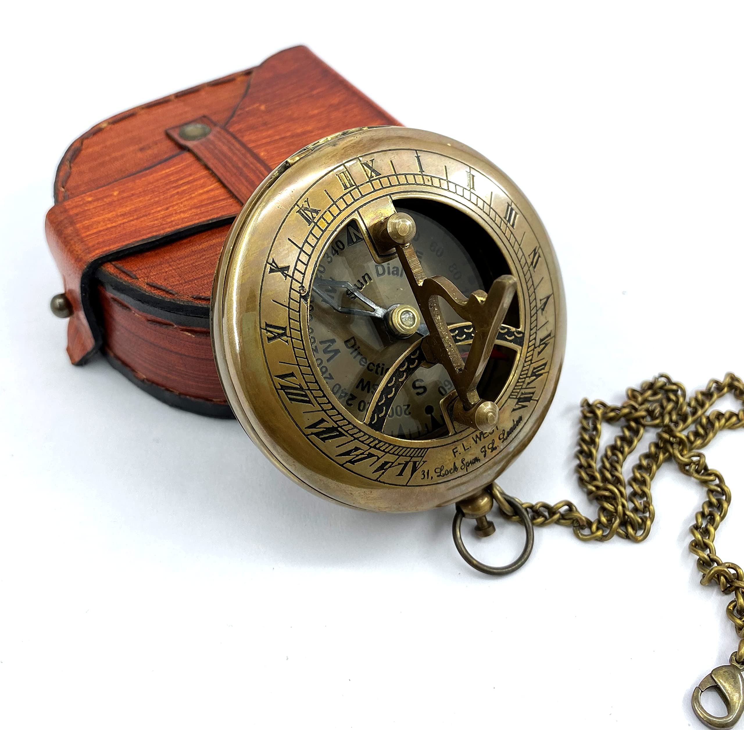 ANTIQUANA Brass Sundial Compass with Leather Case and Chain - Push Open Compass - Antiquated Finish-image-24