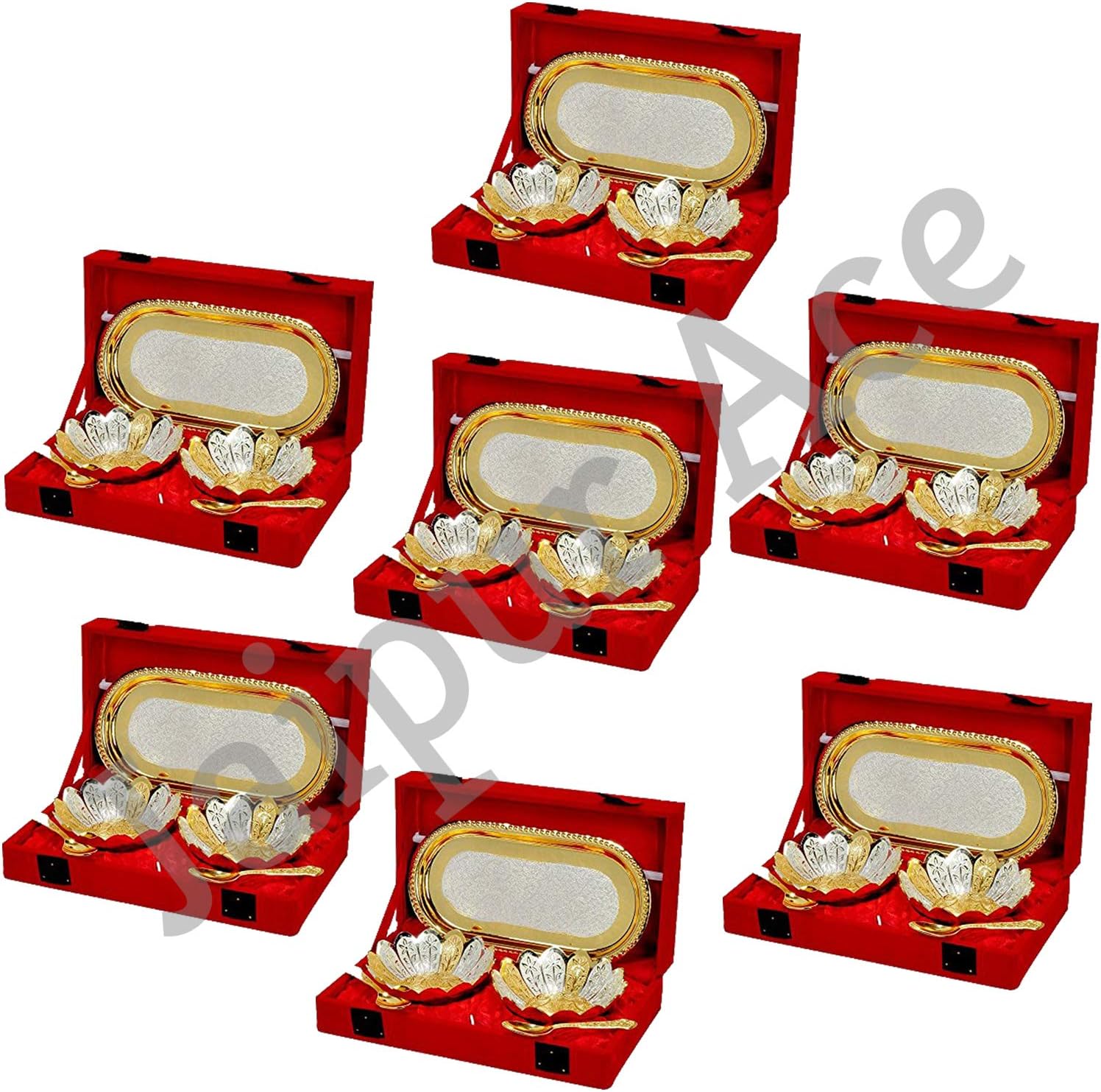 Bowl With Tray & Spoon Set, 5 Pieces, Pack Of 7, Gold & Silver, 500 ML
