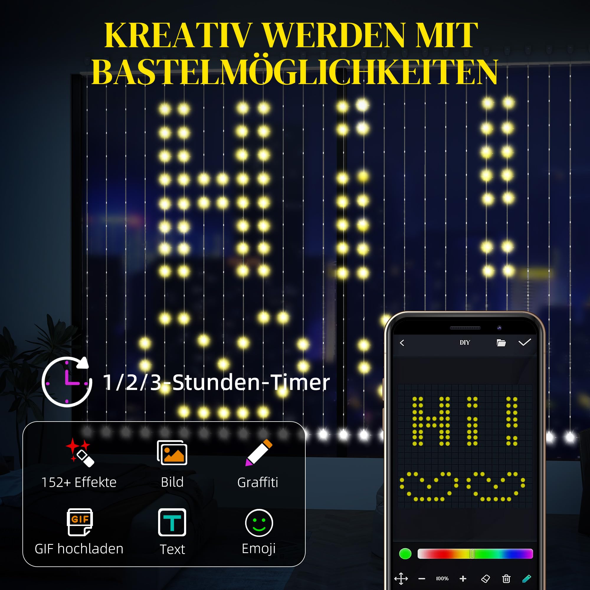 HOMCOM Lichterkette 3×3m 400 LEDs Lichtvorhang Verstellbare Helligkeit | Musik-Synchronisation, Szenenmodi, Timerfunktion, Lichterkettenvorhang, Innen Außen, IP44, Hochzeit, Party, Weihnachten