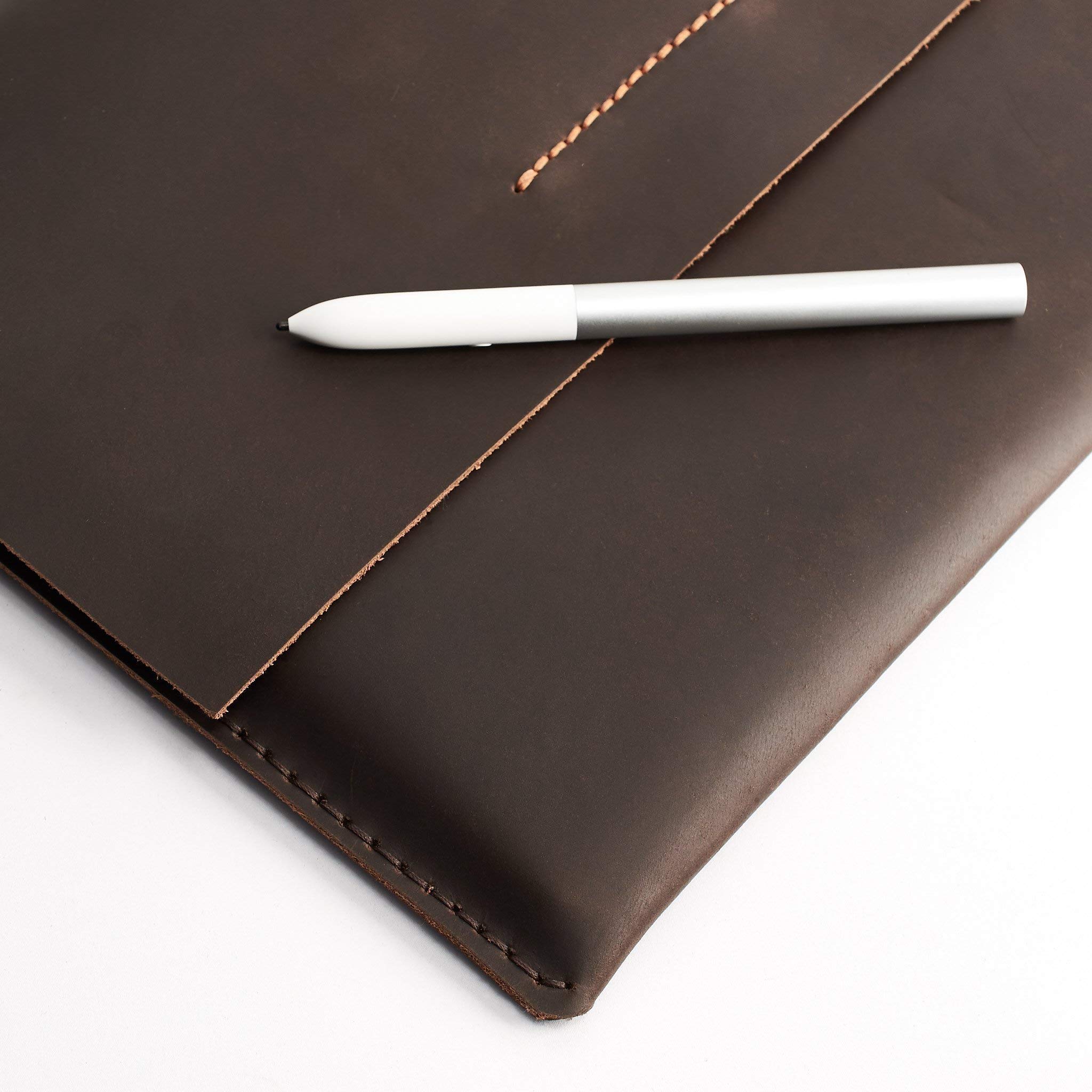Capra Leather Pixelbook Case for Men, Dark Brown Handmade Google Sleeve, Protective Pen Holder Folio, Laptop Tablet Tech Carrying Bag. Mens Gifts