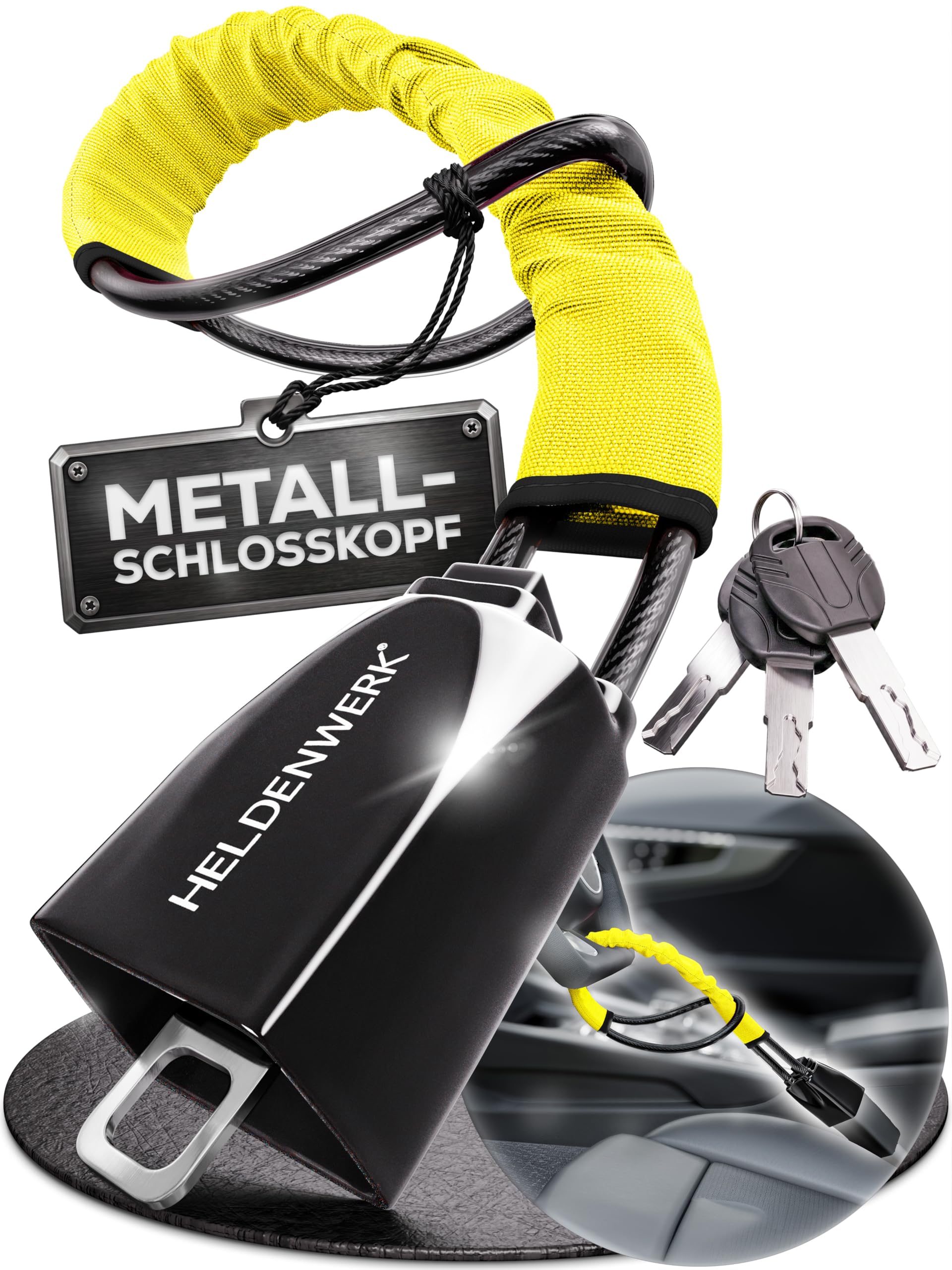 HELDENWERK® Lenkradkralle für Auto & Wohnmobil aus Metall - Universelle Passform - Lenkradschloss mit dickem Stahlseil - Wegfahrsperre Diebstahlsicherung mit 3 Sicherheitsschlüsseln (Gelb)