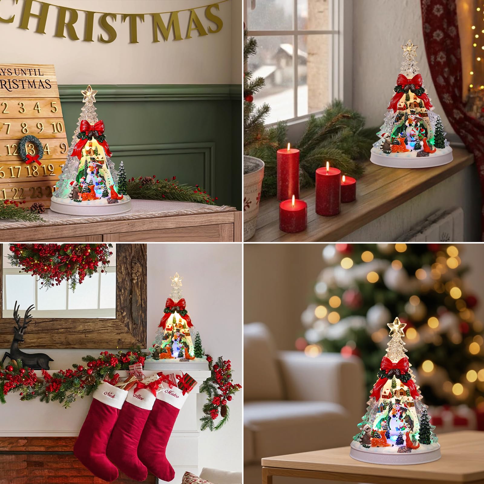 Priddop Escena de pueblo de Navidad, decoraciones navideñas para el hogar, regalos iluminados, música, USB/batería, figuras coleccionables de edificios (árbol de Navidad)