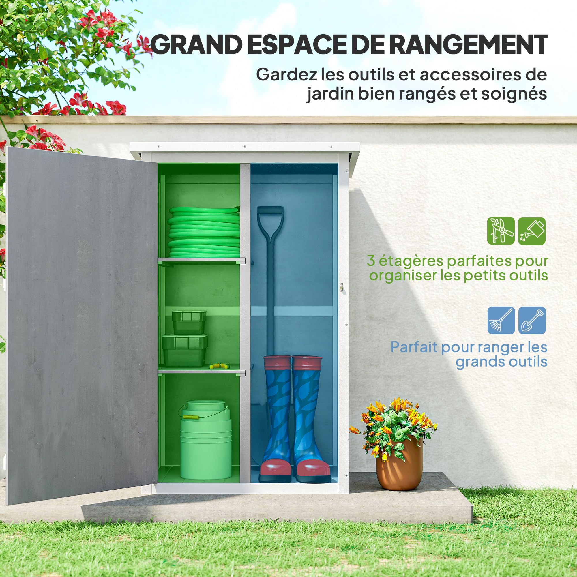 Outsunny Armoire abri de Jardin Remise pour Outils Bois de Sapin pré-huilé Toit bitumé incliné - Grande Porte verrouillable loquet - 2 étagères - dim. 75L x 56l x 115H cm