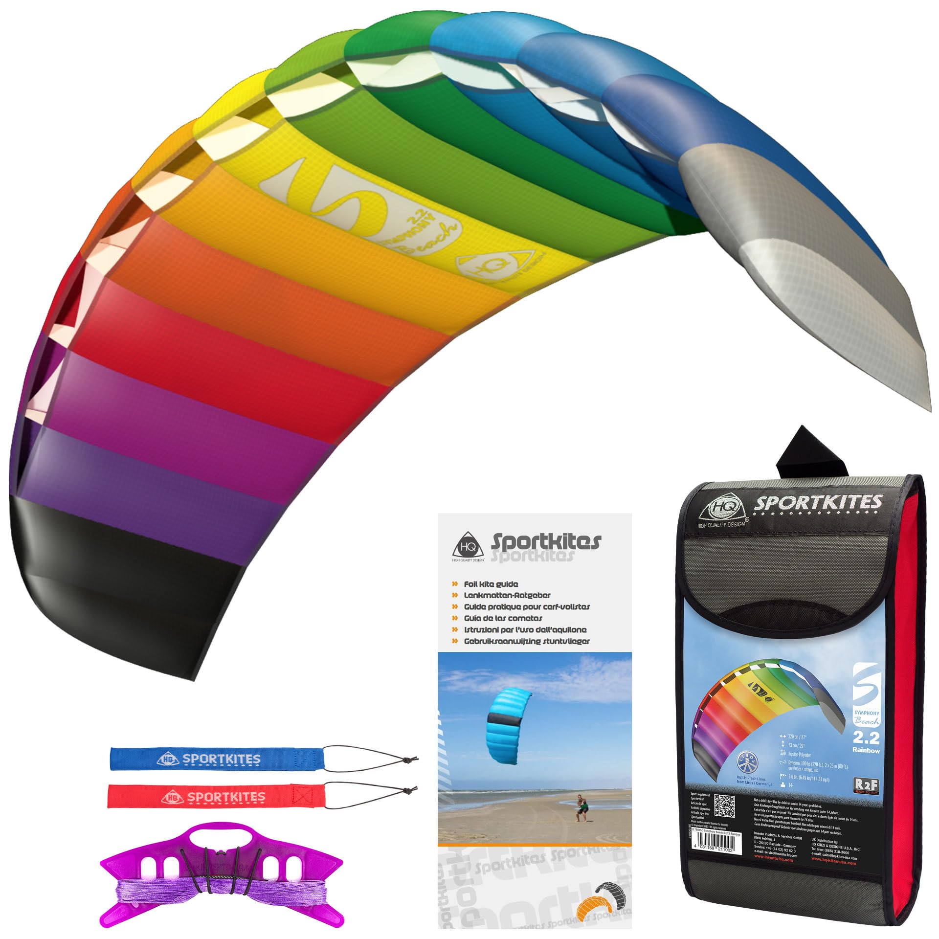 HQ Symphony Beach III 2.2 Stunt Kite, Rainbow, Dual Line Foil Sport Kite