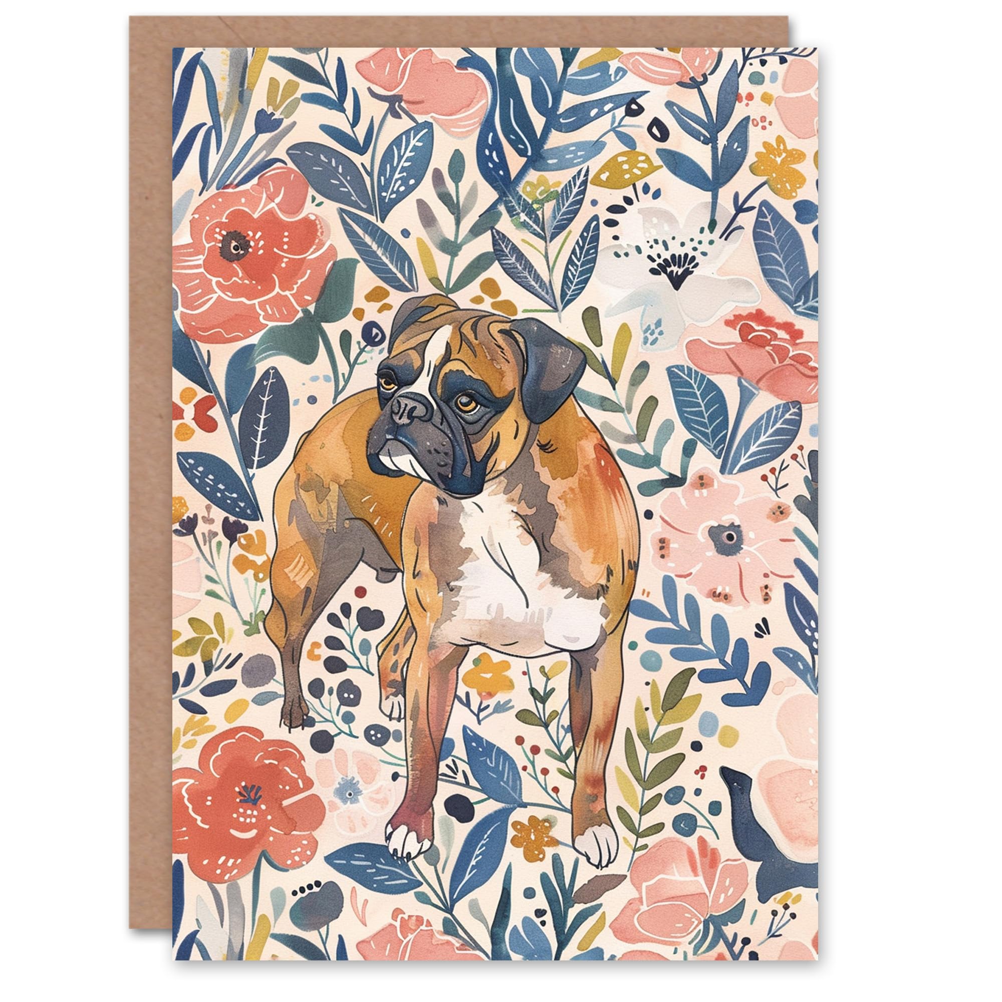 Artery8 Pet Boxer in Pink Blue Floral Pattern Dog Lover Blank For Him Or Her Art Birthday Card