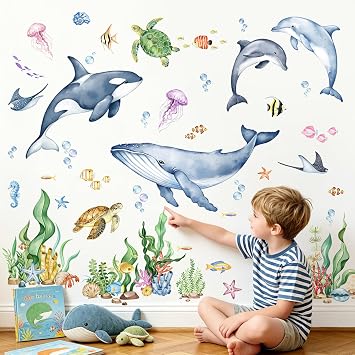 Supzone Under the Sea Wall Decals - Ocean Animals Fish Sea Turtle Whale Seaweed Wall Stickers for Kids Baby Nursery Toddlers Bedroom Bathroom Playroom Ocean Theme Decor