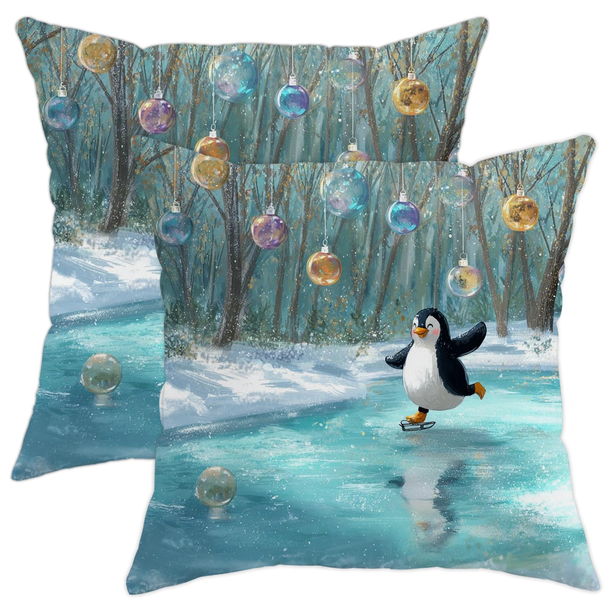 Winter Throw Pillow Covers Set of 2, Blue Penguin Skating Cushion Cases, Holiday Decorative Square Pillowcases for Home Sofa Bed Couch 18x18 Inch