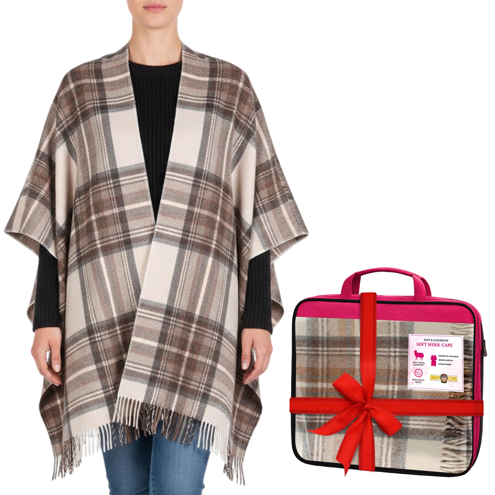 Braw Clans Tartans Unisex Stewart Natural Dress Soft Wool Tartan Poncho Blanket Cape Made In Scotland - Ruana Cloak Style - Full Body Shawl - Mothers Day Gift - Home, Travel, Camping - Tartan