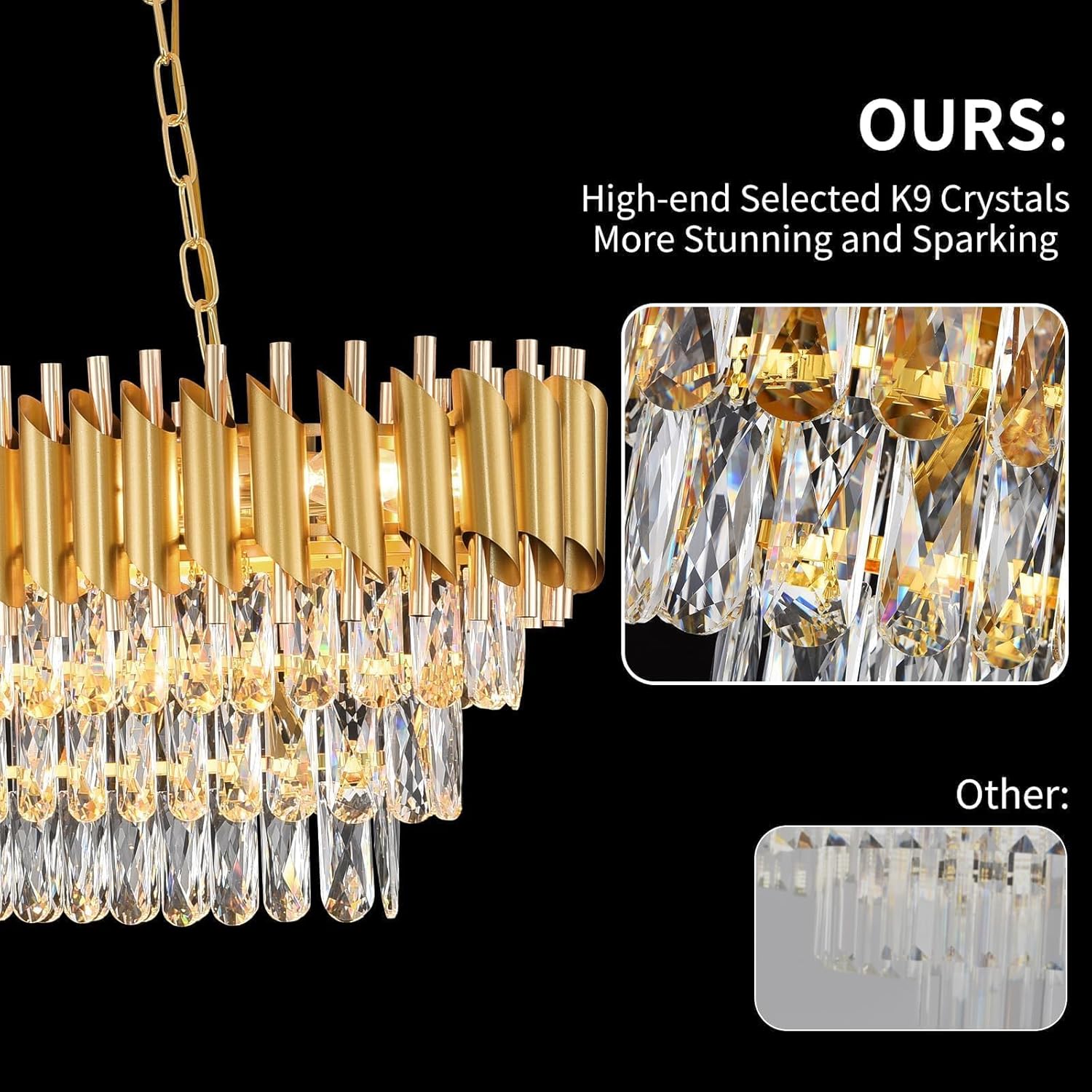 Modern Gold K9 Crystal Chandelier Linear Rectangular Hanging Light Fixture Luxury Pendant Lighting for Dining Room Living Room Foyer Kitchen Island W80cm 8 E12 Base