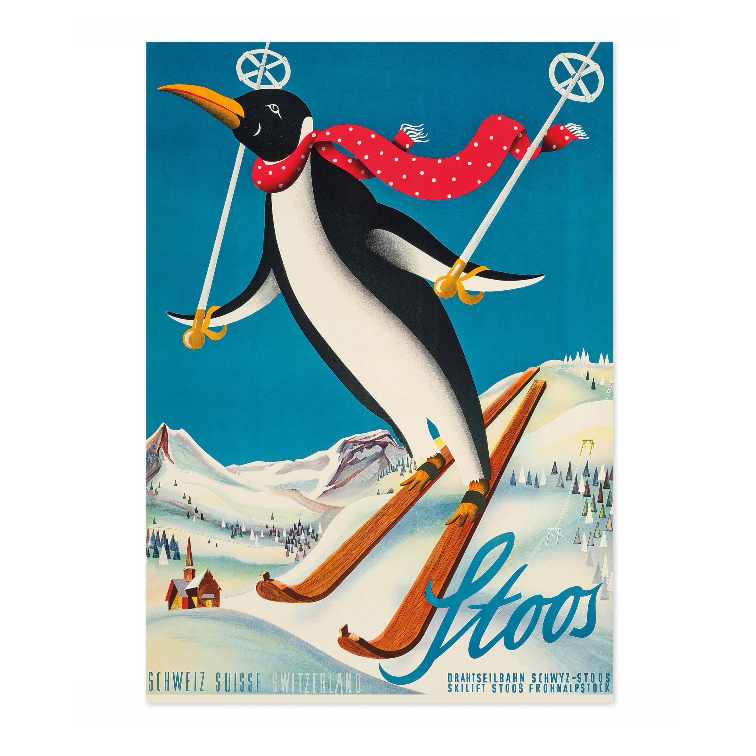 Stoos, Switzerland - Skiing Vintage Skiing Poster, Minimalist Wall Art, Mountain Travel Prints, Snow, Ski Trip Home Decor, A2 (Print Only) - 59.4x42cm