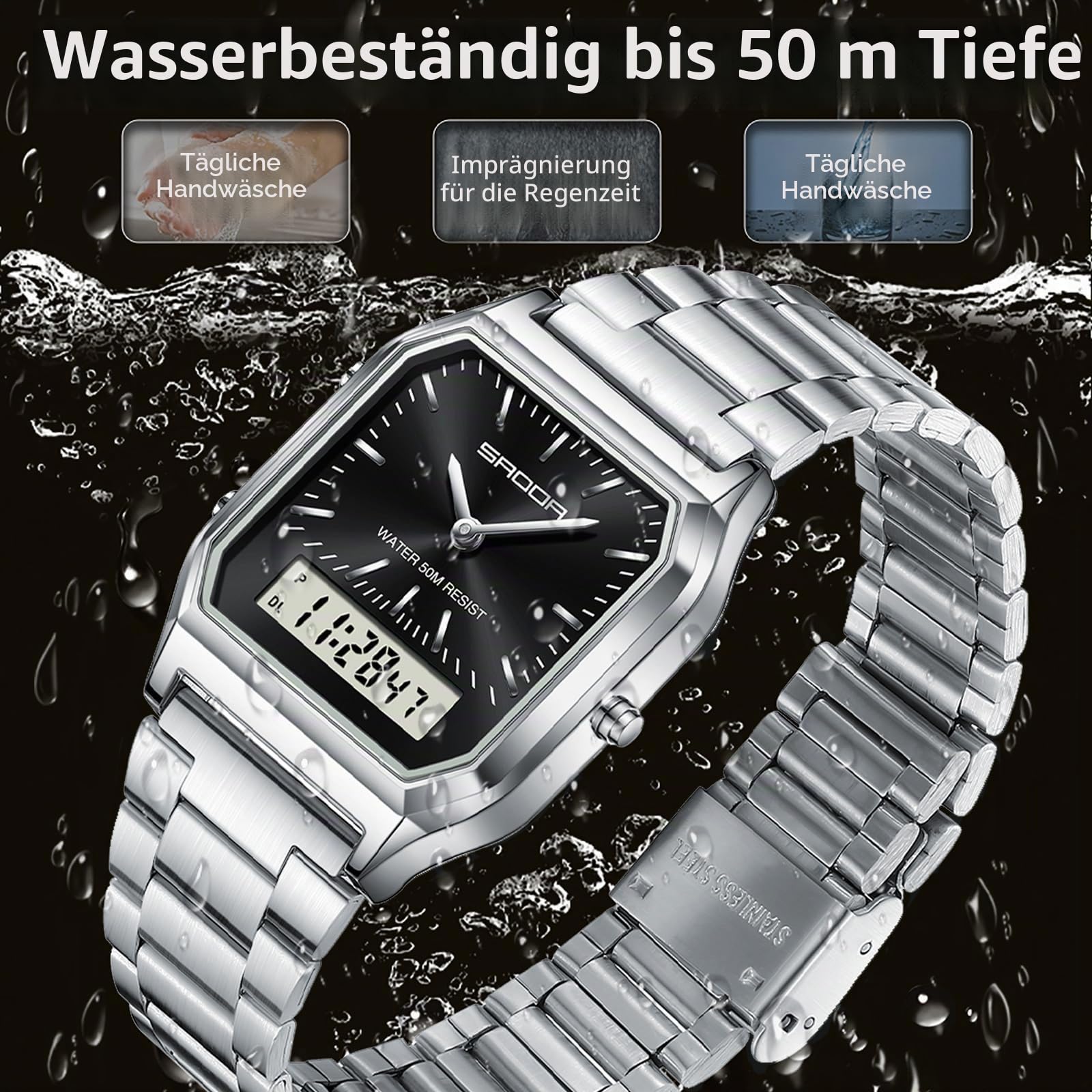 findtime Uhren Damen Herren Retro Business Klassische Quadratische Armbanduhr Edelstahlarmband Analog Digital 5ATM Wasserdicht LED Datum Wochentag DREI Zeitzonen Luxus Uhr
