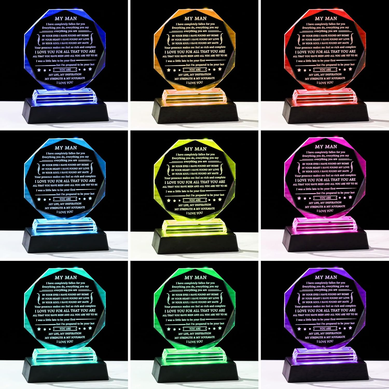 Movdyka to My Man Glass Plaque with LED Color-Changing Base & Engraved Keepsake Gifts for Husband from Wife Anniversary Birthday Christmas I Love You Gift for Him Boyfriend
