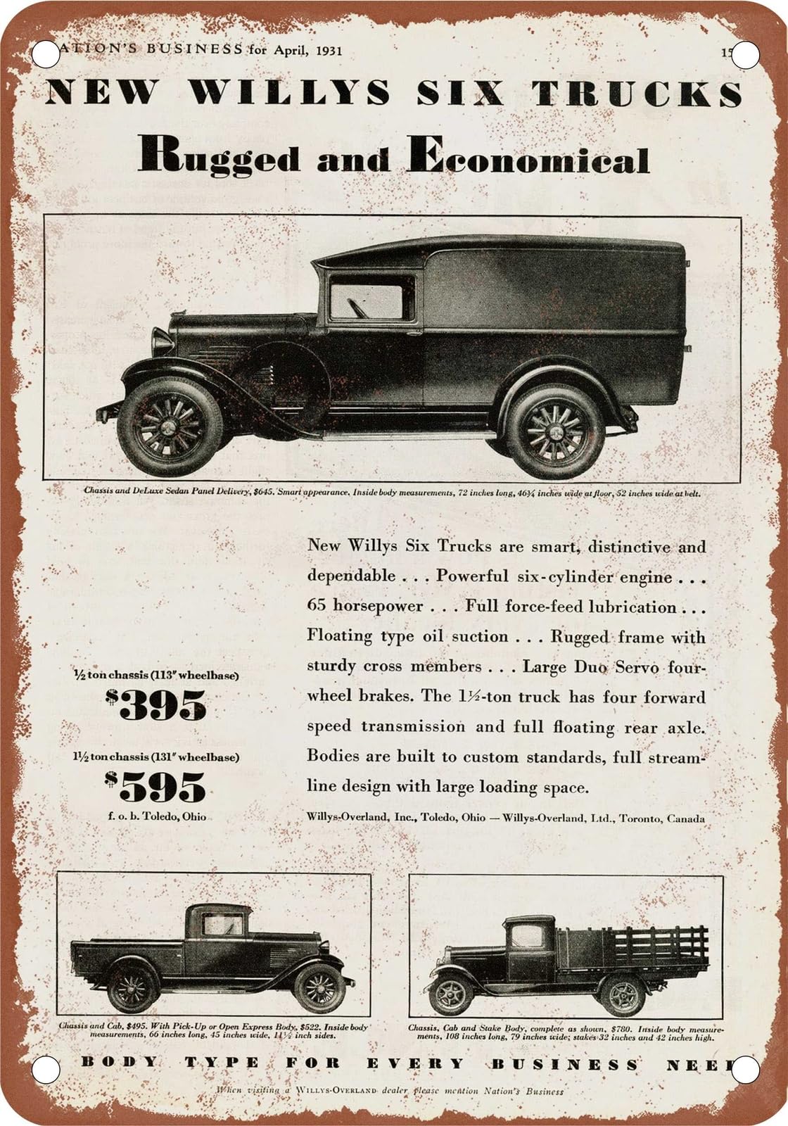 METAL SIGN - 1931 Willys Truck Vintage Ad 01 - Old Retro Rusty Look home decor