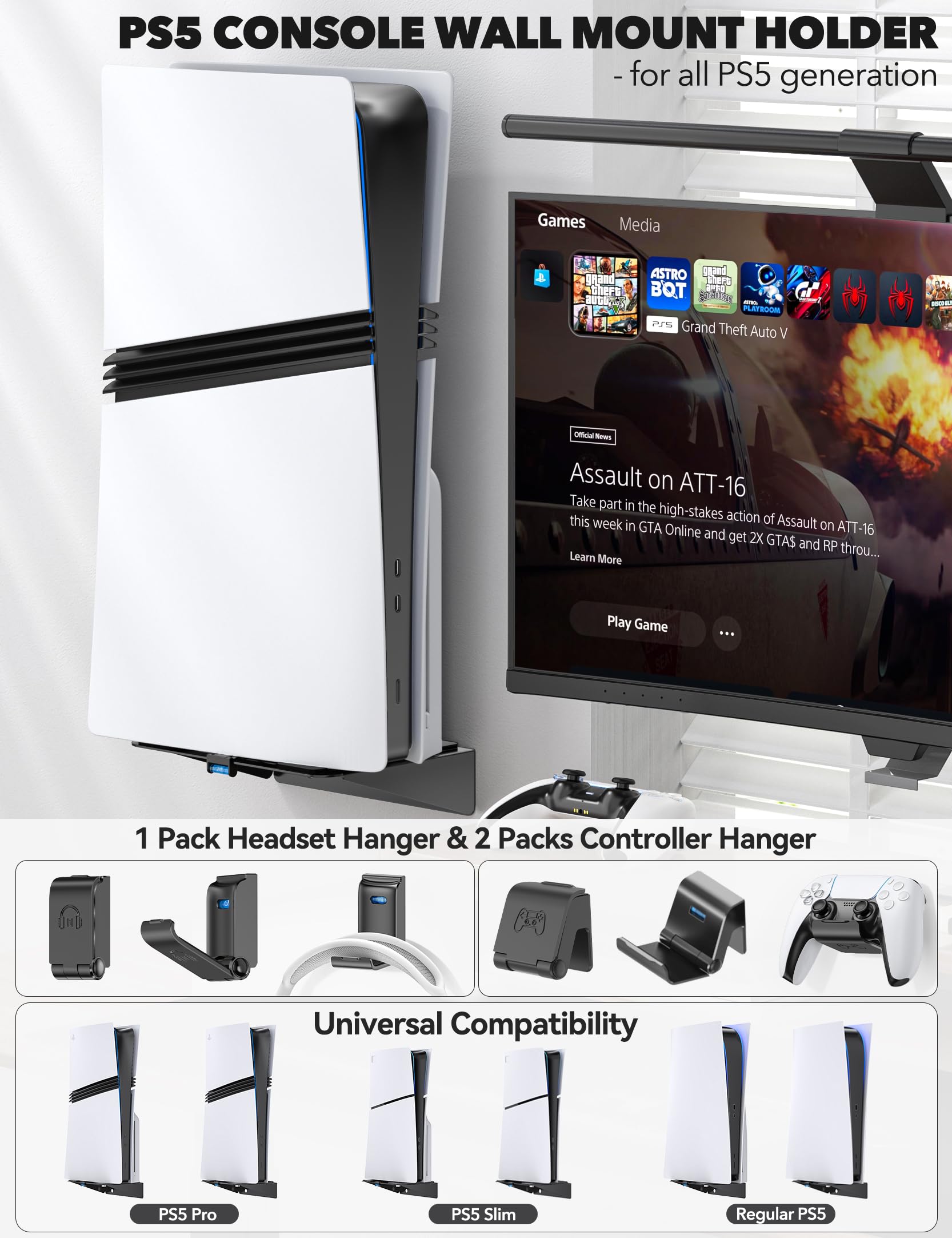 Kosker Supporto da Parete per PS5/ Slim/Pro, Mensola PS5 da Parete Verticale per Tutti Modelli PS5 con Support per Cuffie e Controller, Accessori Playstation 5 Supporto Flottante in Metallo