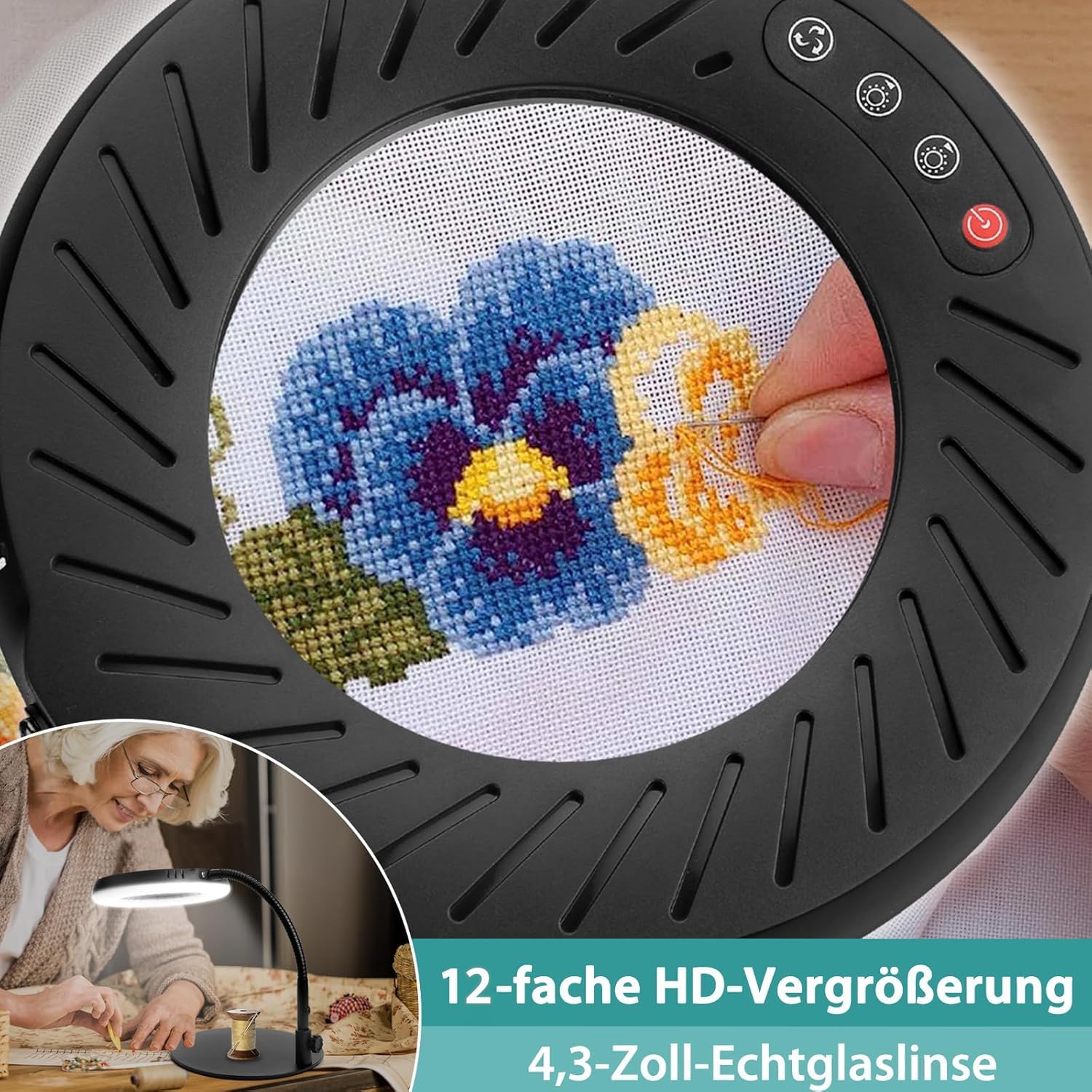 12X Lupe mit Licht und Ständer, 5 Farbmodi Dimmbar, Flexible Schwanenhals LED Schreibtischlampe Hände Frei für Malerei, Kunsthandwerk, Hobby, Nähen, Schließen Arbeit