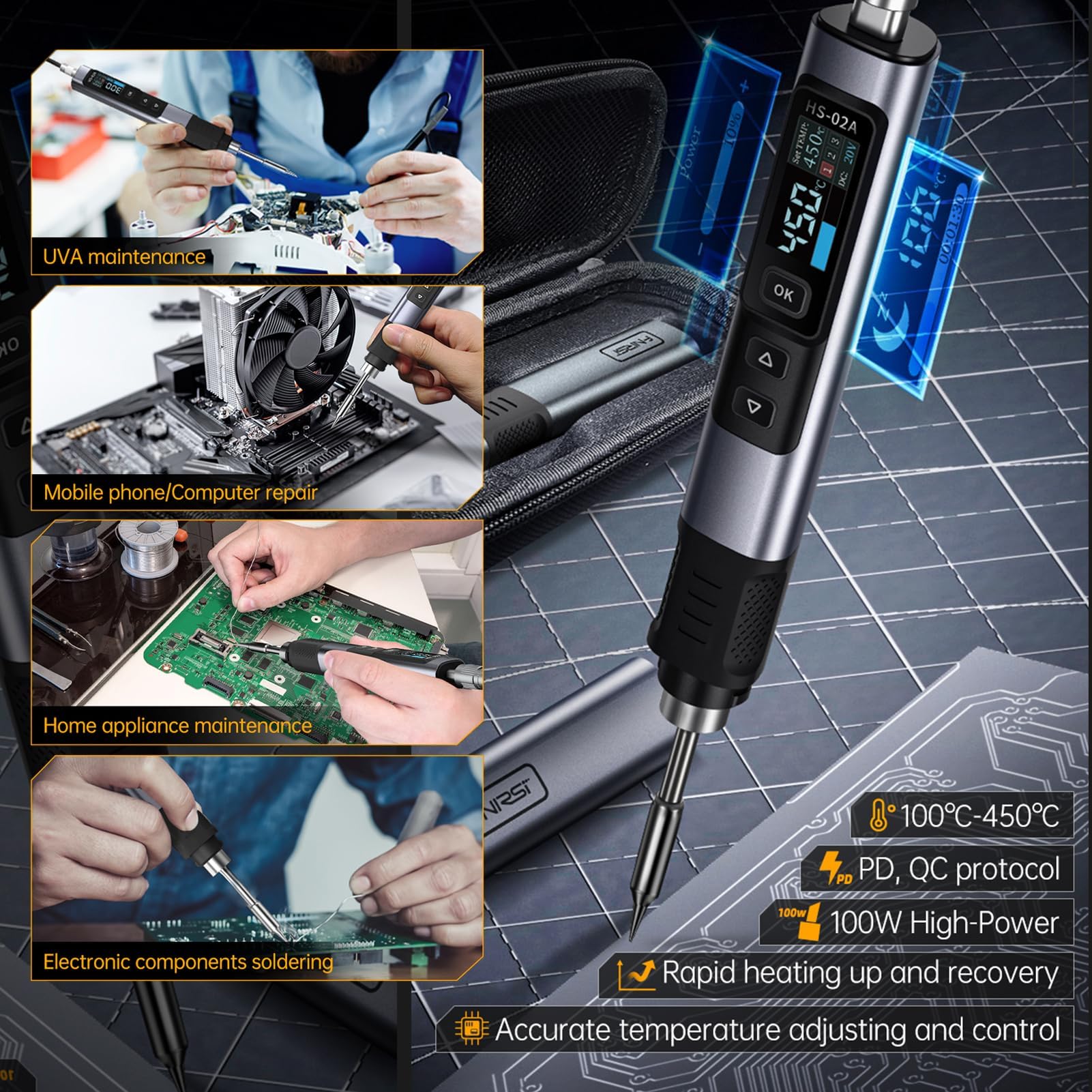 HS 02A Saldatore Intelligente, Mini Saldatore CNC In Metallo Temperatura Regolabile 100-450°C 6 Punte 100w Adattatore Penna Saldante Digitale Intelligente Strumento Di Riparazione