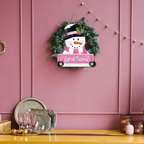 Miniatura 6 de Whaline Letrero colgante de madera con diseño de muñeco de nieve de Navidad con texto en inglés Let It Snow (Let It Snow) para puerta delantera,
