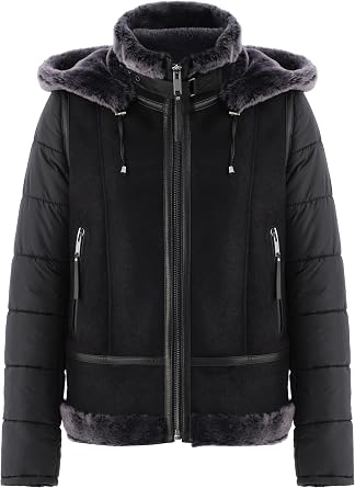 Bigardini Womens B3 Sheepskin Shearling Bomber Jacket with Hood - Winter Coat for Women