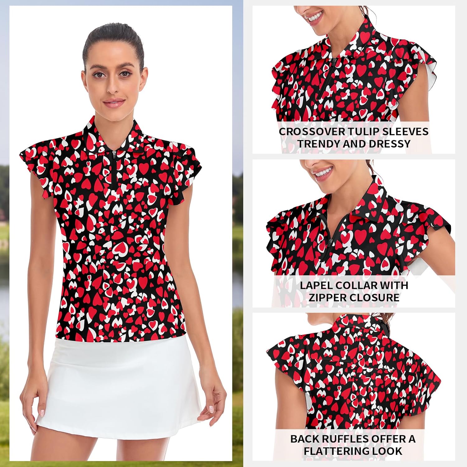 Soneven Womens Petal Sleeve Golf Shirts Moisture Wicking Lady Golf Apparel Print Tennis Sport T Shirt - Image 4