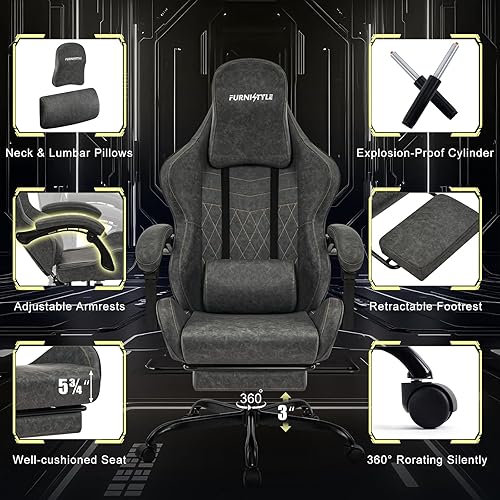 Miniatura 7 de Silla Gaming Silla de Videojuegos con Reposacabezas Grande, Reposabrazos de Conexión, Silla Ergonómica de Computadora de Cuero PU Retro para Gaming