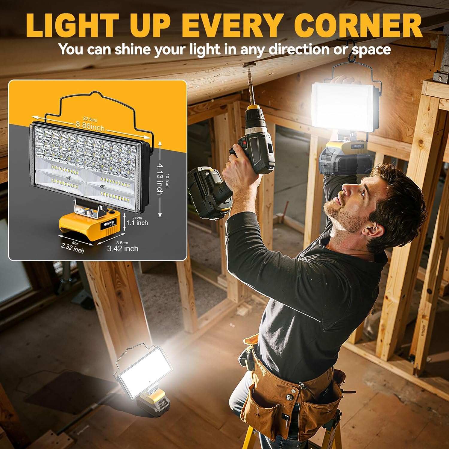 2Pcs Cordless LED Work Light Compatible with Dewalt 20V Battery, 145W 14500Lumens Flood Light Gifts for Men with USB&Type-C Charging for Workshop, Garage, Camping, Jobsite - Image 3