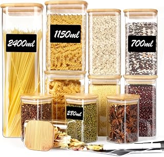 Withosent WitByxt Storage Jars Glass Set of 6, Storage Jars with Lids, Square Large Glass Container Storage Jar with Wooden Lid, Storage Jars Kitchen for Pasta, Cereals, Beans