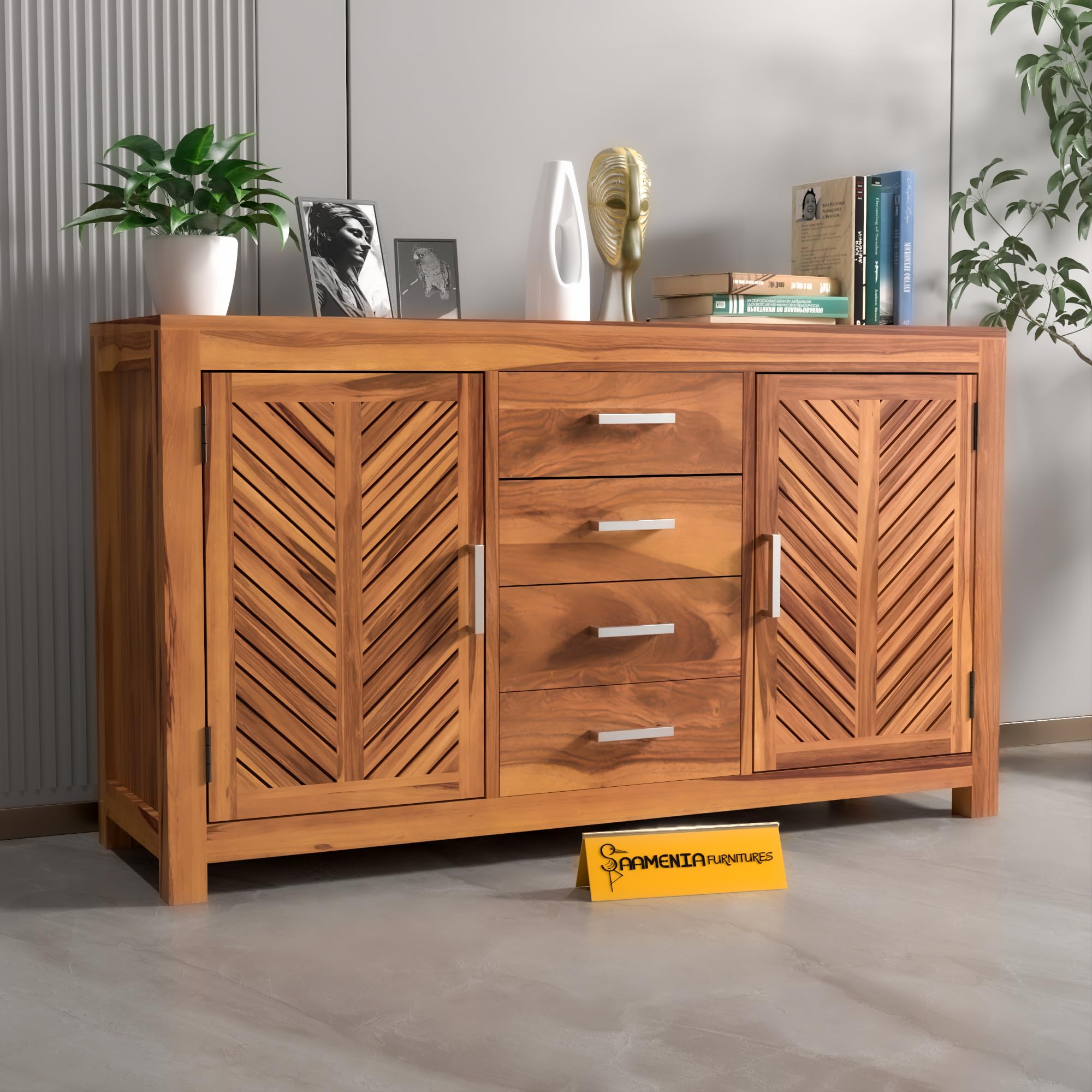 Solid Sheesham Wood Sideboard Cabinet with 4 Drawers & 2 Doors | Rosewood Storage Cabinet for Living Room, Dining Room & Office (Honey Finish)-image-2