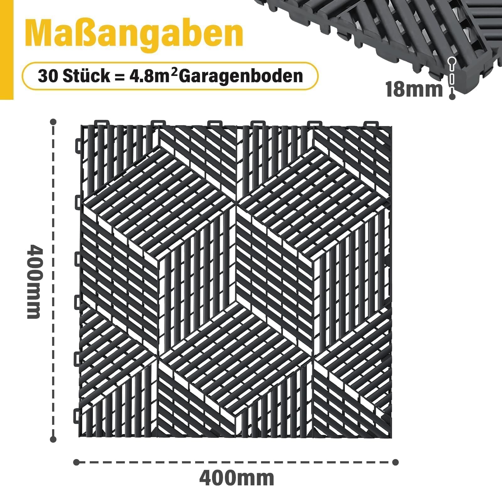 jxgzyy 30 Stück Garagenboden Fliesen, 40x40 cm Klicksystem Ineinandergreifende Garagenboden, 10,000 kg Belastbarkeit Garagen Drainagematte für Garagen, Keller, Schwimmbäder, Schwarz