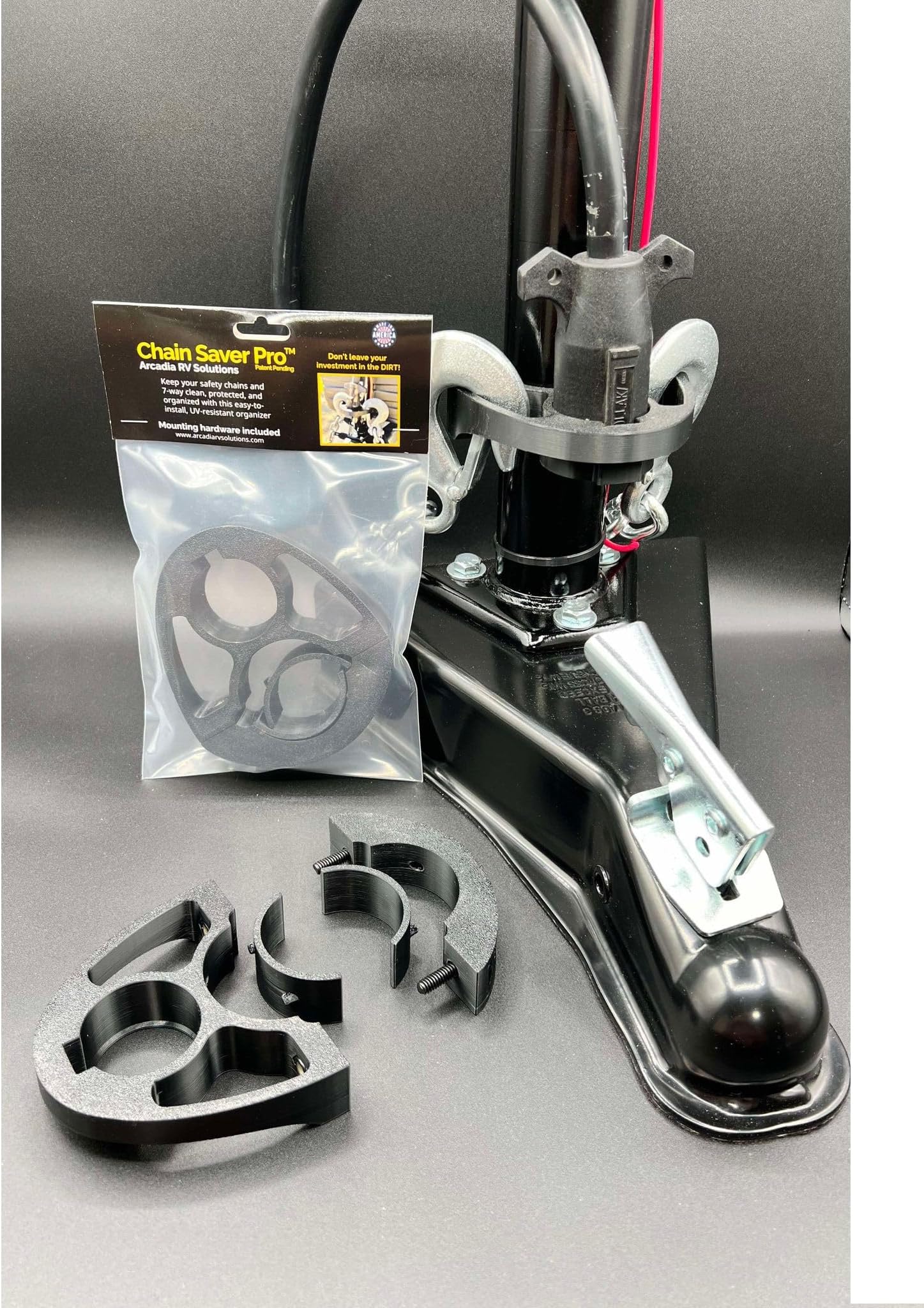 Chain Saver Pro | Towing Organizer for Manual/Electric Tongue Jack 2” & 2 ¼” Trailer Hitch - Easy Install RV Accessories - Side Hooks, Cable & Harness Holder…