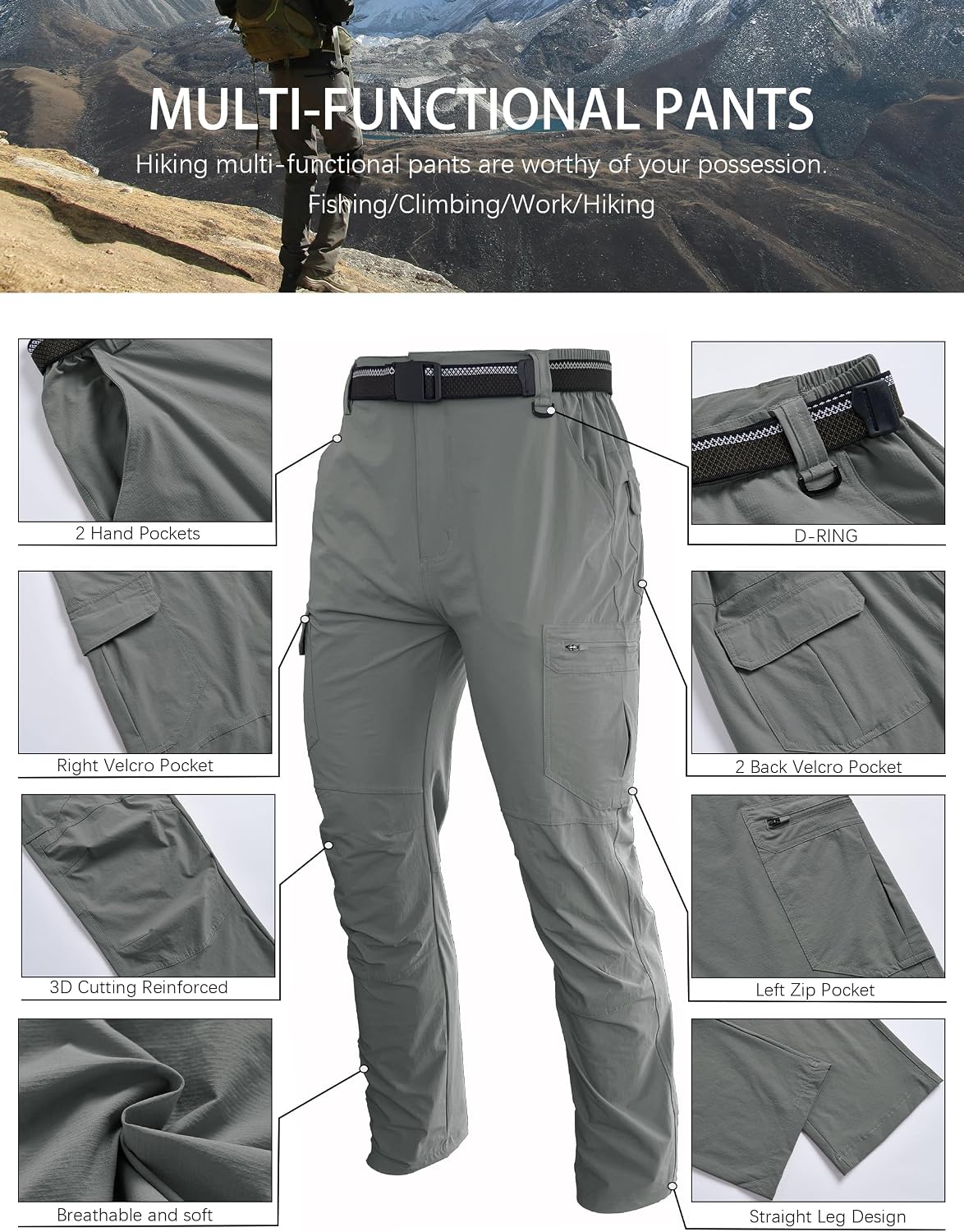 Men's Hiking Cargo Work Pants Lightweight Waterproof Quick Dry Camping Fishing Travel Outdoor Pants