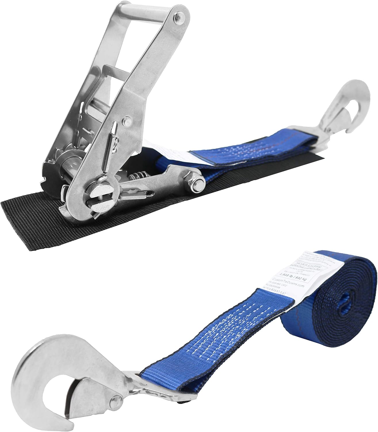 2 Inch x 10 Foot Stainless Steel Ratchet Strap, Protective Pad Under Buckle, Stainless Steel Twisted Snap Hook, Hook Facing Down. (Blue)