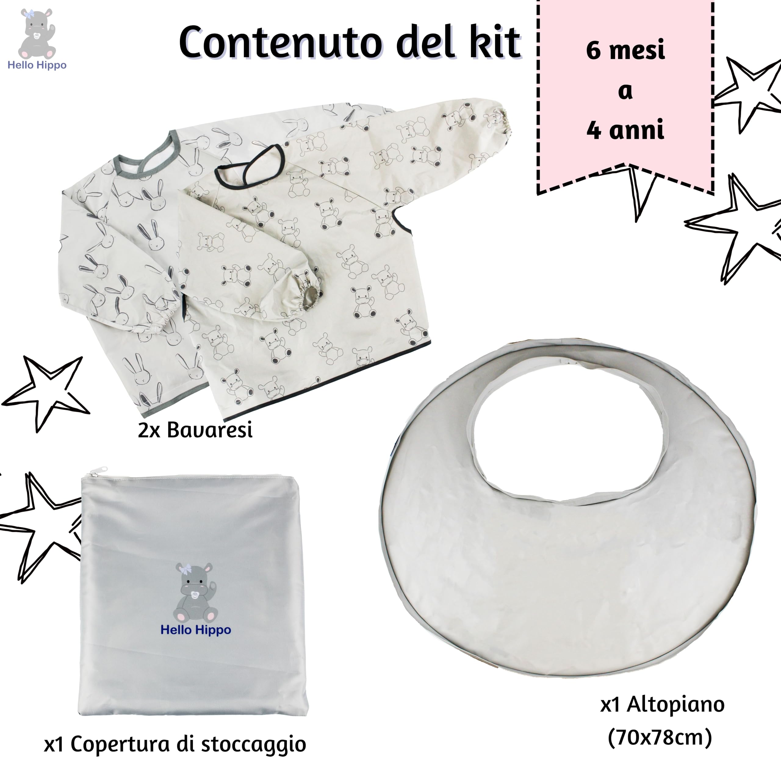 Hello Hippo® Kit 2 bavaglini impermeabili con vassoio didattico grigio per seggiolone – Vassoio con ventosa – Maniche lunghe per pappa, pittura e attività creative