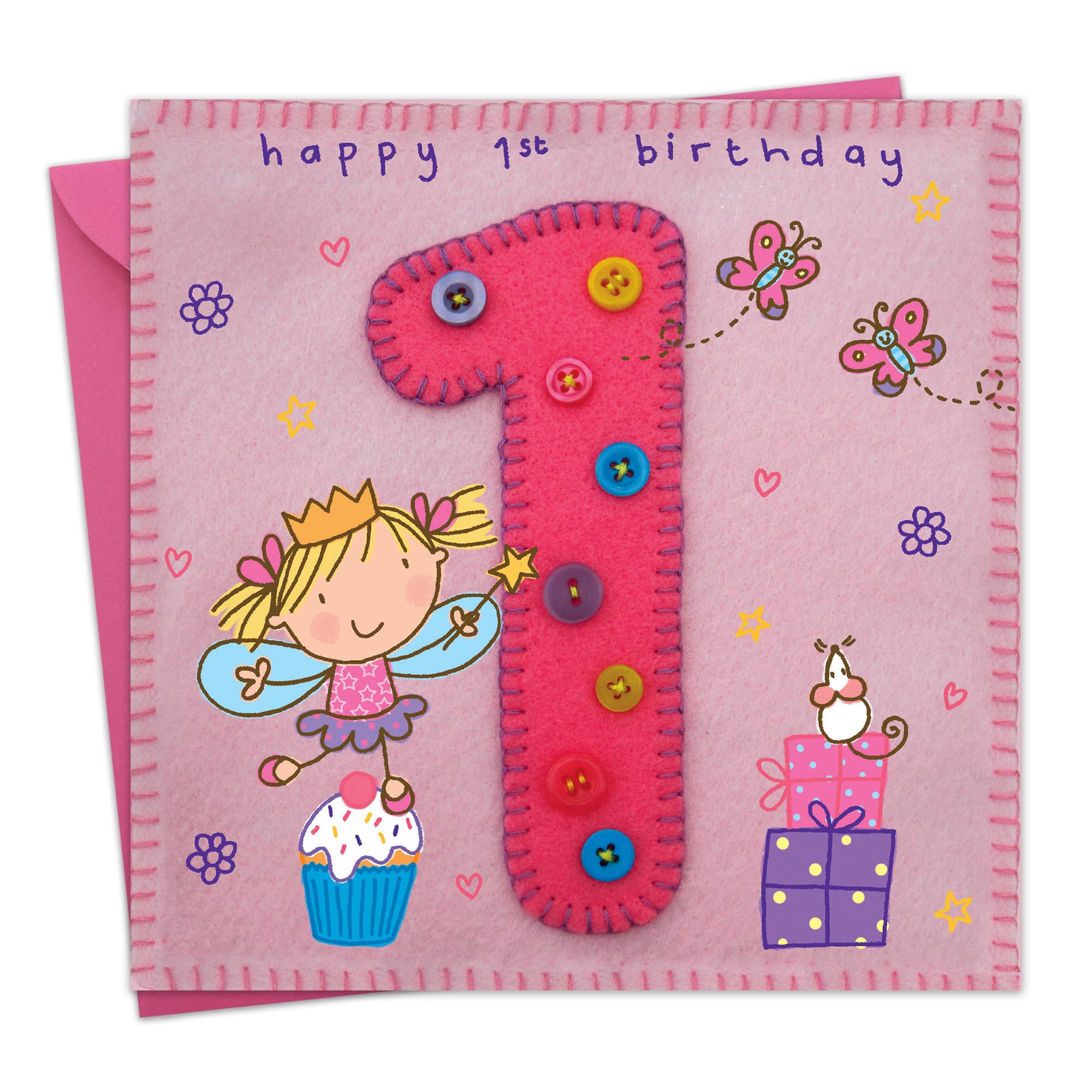 Twizler 1st Birthday Card For Girl with Fairy Princess, Presents and Butterfly - One Year Old - Age 1 - Childrens Birthday Card - Girls Birthday Card - Happy Birthday Card