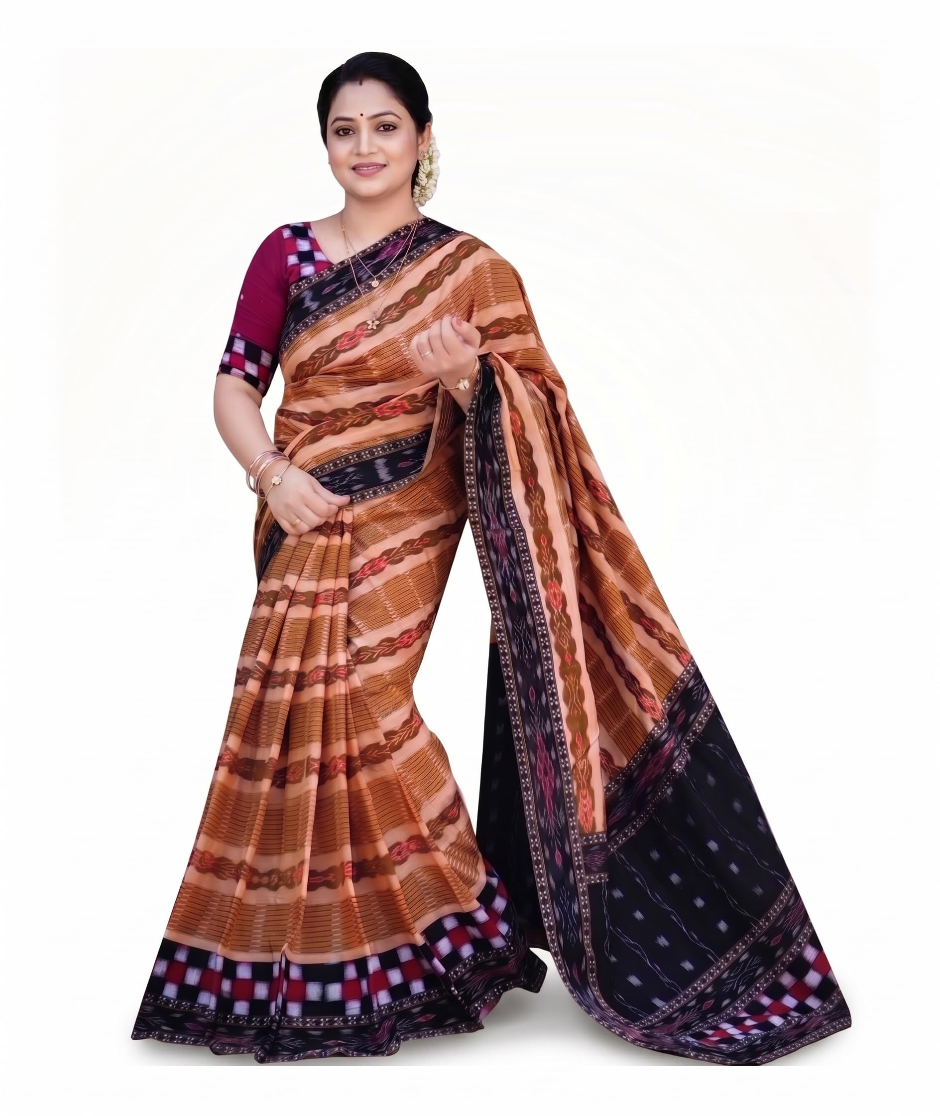 Utkal Handloom Patchwork Sambalpuri Cotton Handloom Saree | Traditional Odisha Weave | Pure Cotton Ethnic Wear for Women (Brown)-picture-14