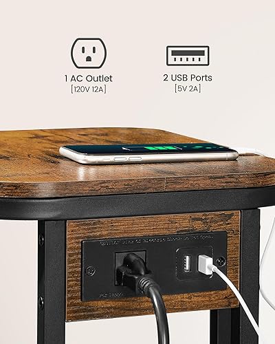 Miniatura 6 de Juego de 2 mesas auxiliares en forma de C, mesa auxiliar con estación de carga, mesa auxiliar de sofá con salida y puertos USB, para espacios