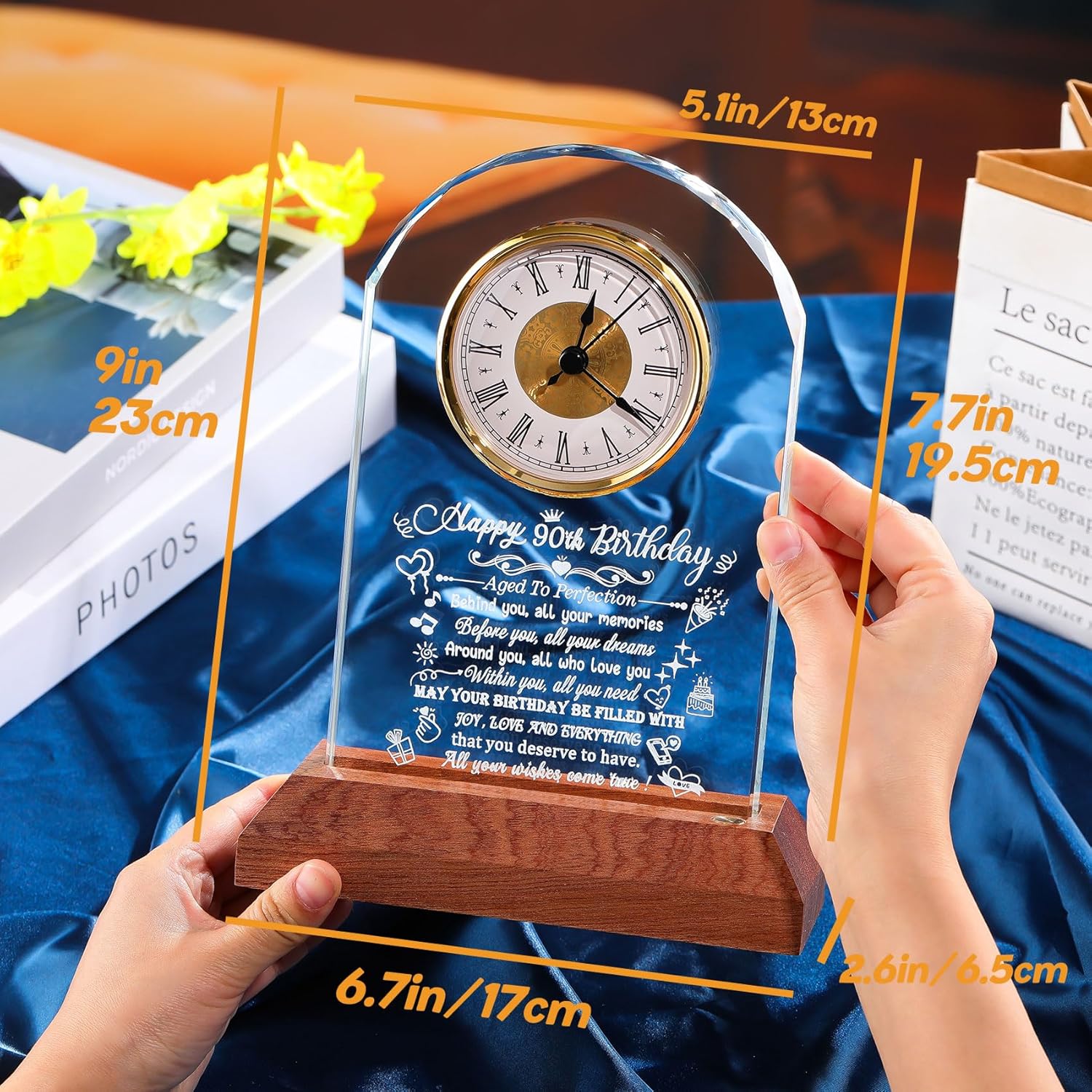 Happy 90th Birthday Crystal Clock Gifts for Men Women Turning 90 Birthday Quartz Clock Gifts with LED Wooden Light Base 90 Years Old Birthday Presents for Parents Mom Dad Home Decor - Image 3