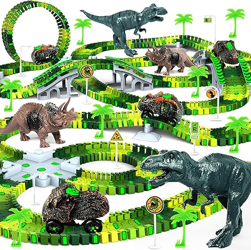 Juguetes de dinosaurio para niños de 3 a 5 años, juego de pista de tren flexible que brilla en la oscuridad, 2 autos de dinosaurio para niños y