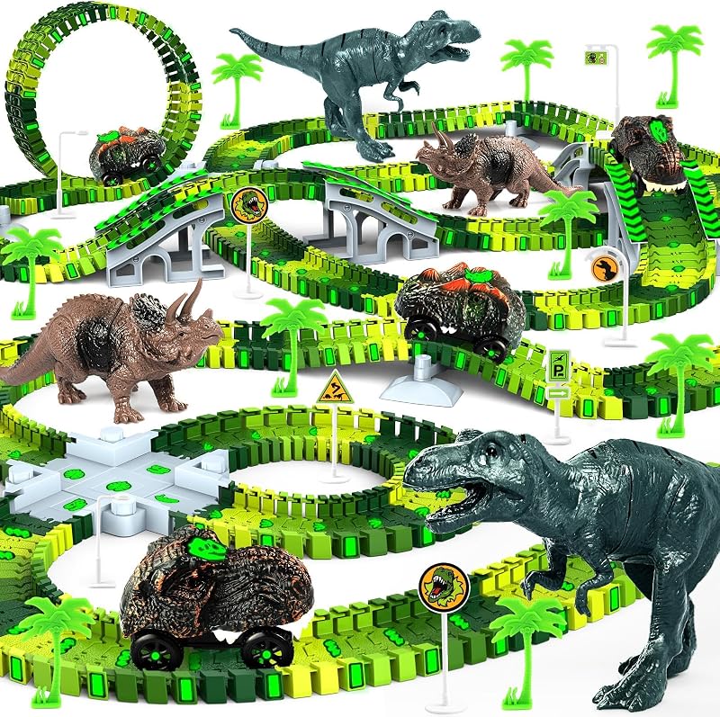 Juguetes de dinosaurios para niños de 3 a 5 años, juego de vías de tren flexible que brilla en la oscuridad, 2 autos de dinosaurios para niños y niñas de 3 4 5 6 7 años en adelante, el mejor regalo