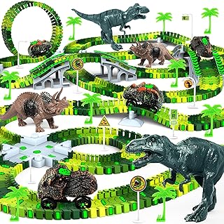 Dinosaur Toys for Kids 3-5, Glow in The Dark Flexible Train Track Playset, 2 Dinosaur Car for 3 4 5 6 7 Year & Up Old Boys & Girls Best Gift